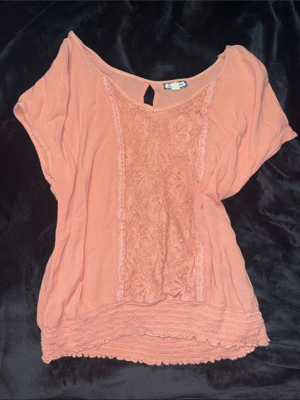 Eyeshadow Peach Lace-Front Short Sleeve Blouse